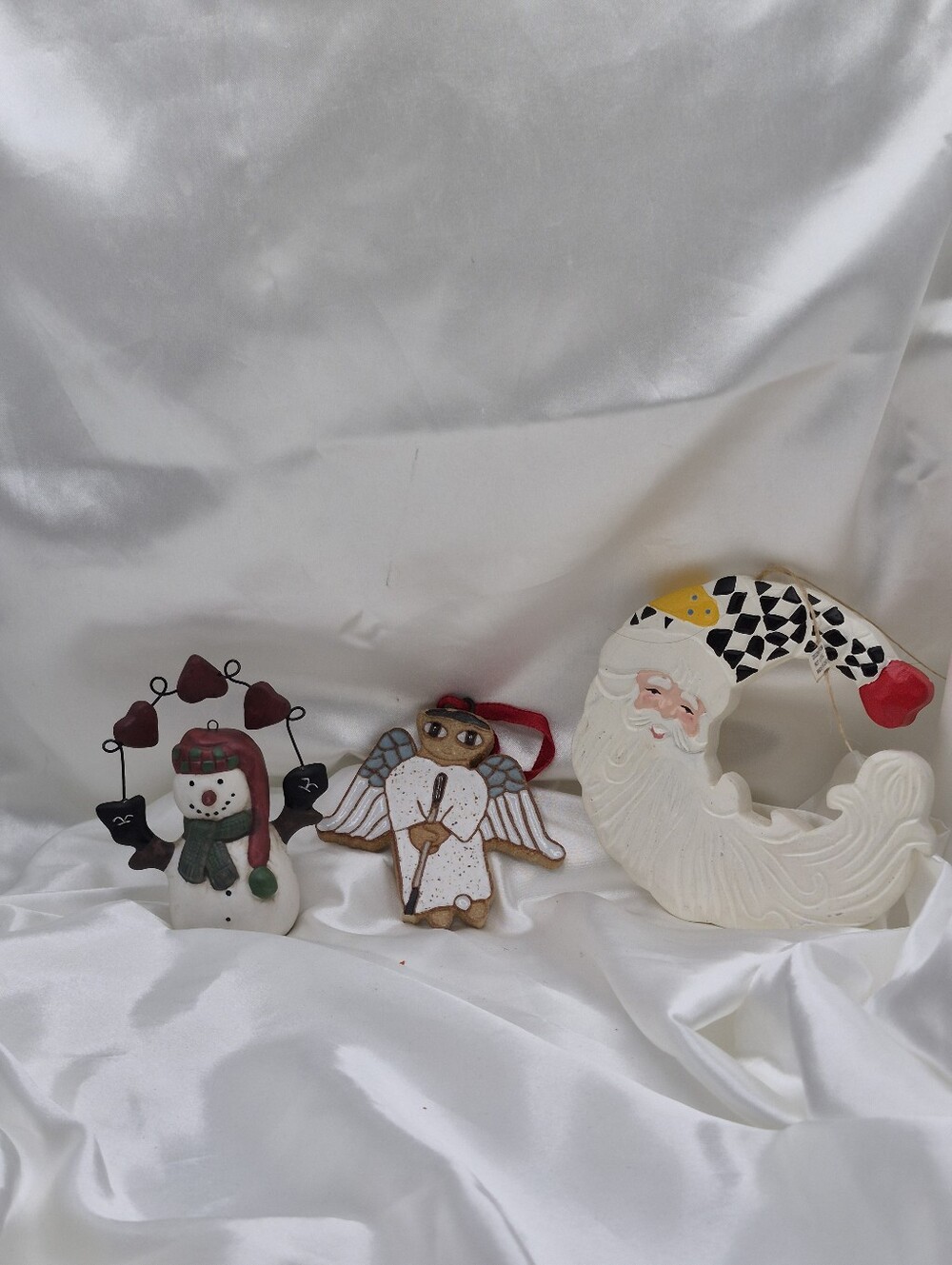 Handpainted White Santa door Knocker & Snowman Christmas Tree Ornaments 3